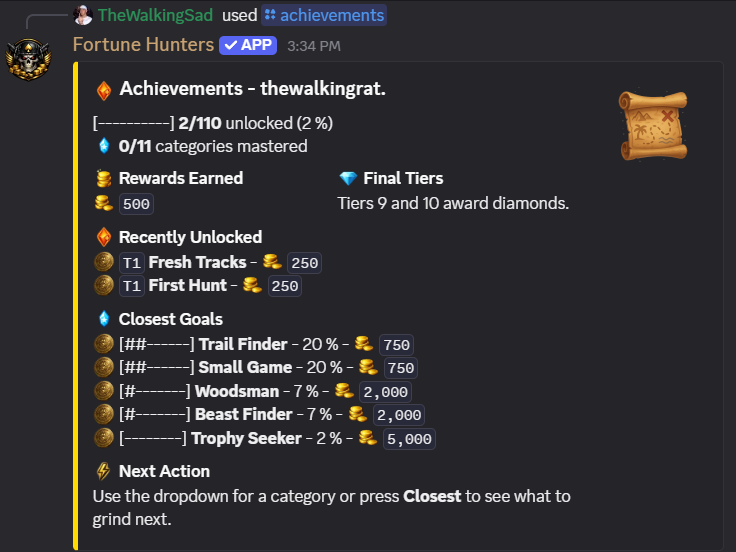 Fortune Hunters achievements Discord panel