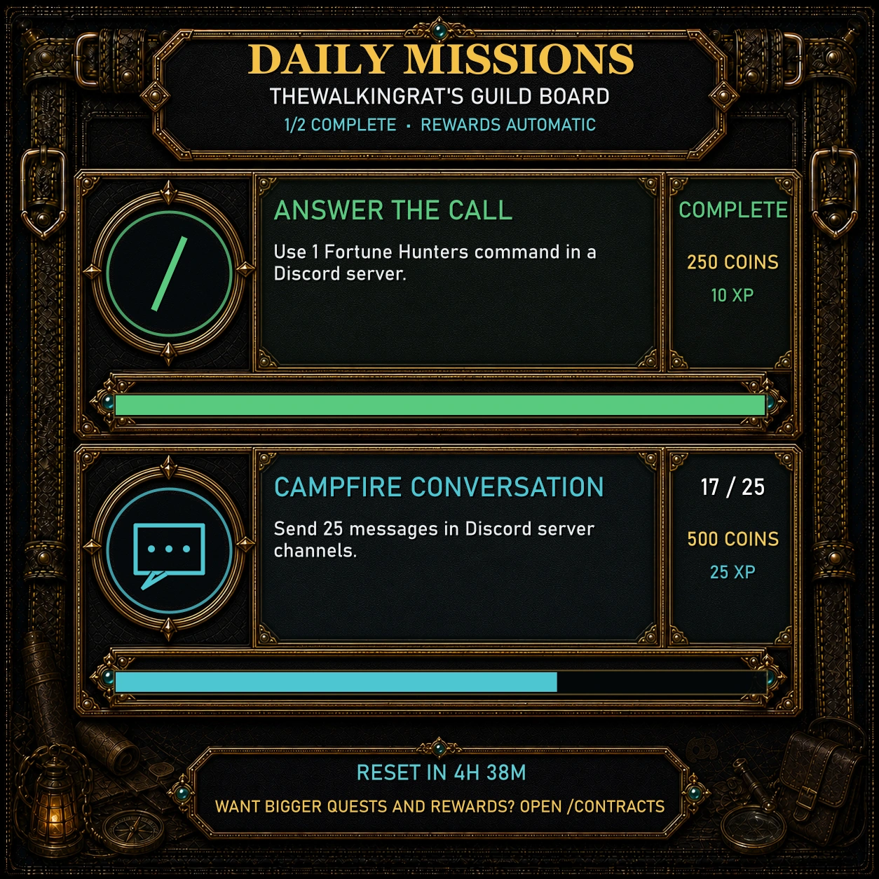 Completed Fortune Hunters daily missions board showing targets, progress and rewards